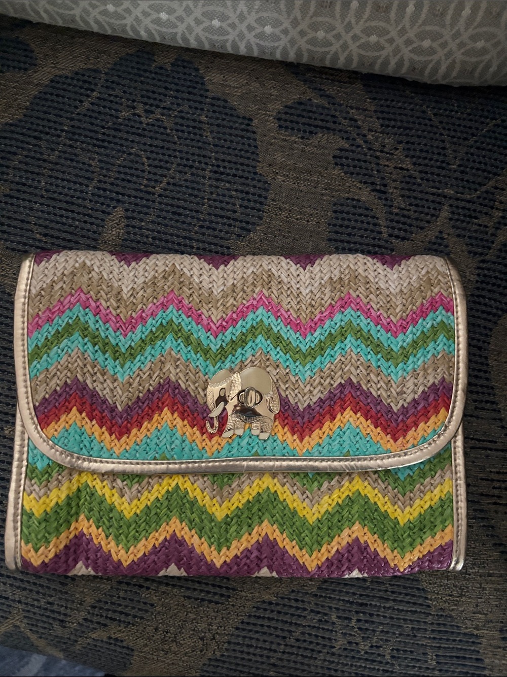 Lilly Pulitzer Multi-Color Chevron Woven Clutch with Elephant Hardware